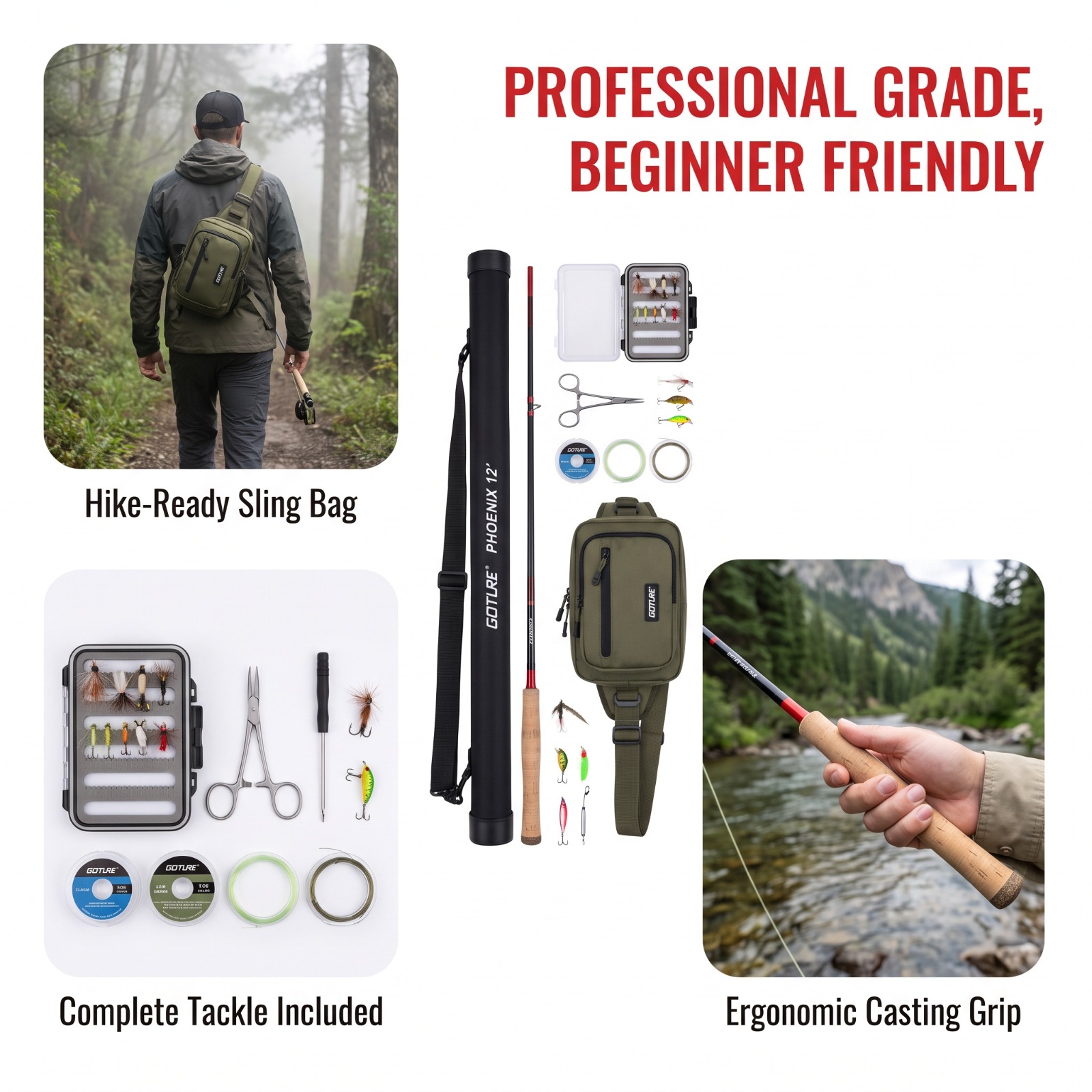 Fishing Rod Fly - Goture 12FT 3,6M Tenkara Fliegenfischen-Rutenset Komplettes